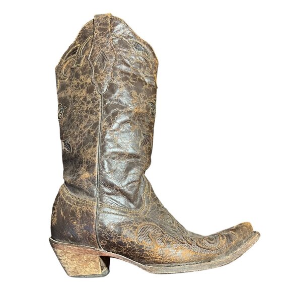 Corral Cowboy Boots Brown Exotic Goat Lizard Inlay Leather Pointed Snip Toe 8.5M - Picture 15 of 15